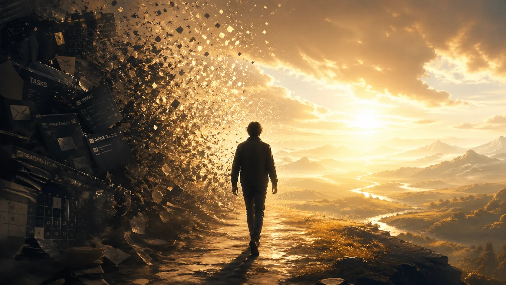 Composer walking out of a wall of digital chaos into a sunlit landscape - ComposerOS course key art