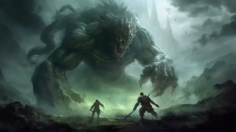 Game Music Conquerors course - epic fantasy scene with two warriors facing a colossal monster