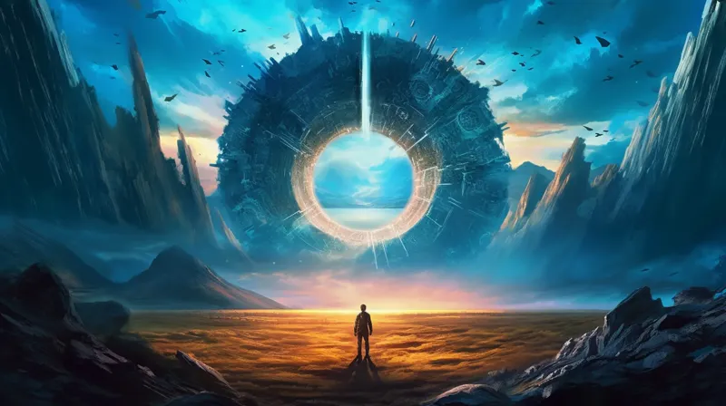Storytelling in Music course - lone figure facing a glowing portal at sunset