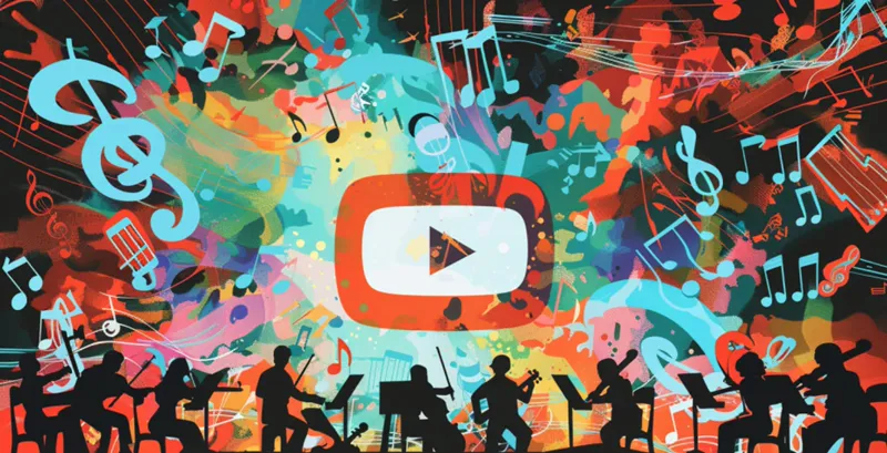 YouTube for Music Composers course - vibrant collage of musical instruments around a YouTube play button